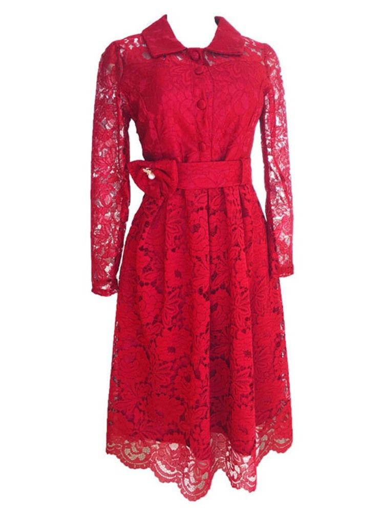 Plus Size Lace Ol Lapel Hollow Bow Mid Waist Klänning