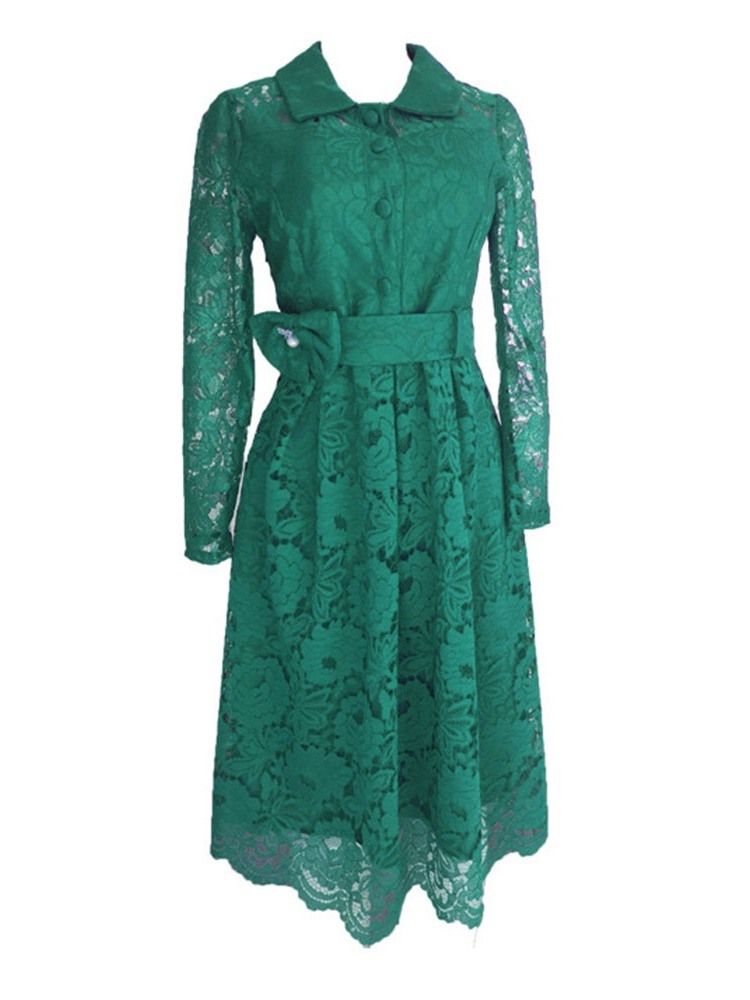 Plus Size Lace Ol Lapel Hollow Bow Mid Waist Klänning