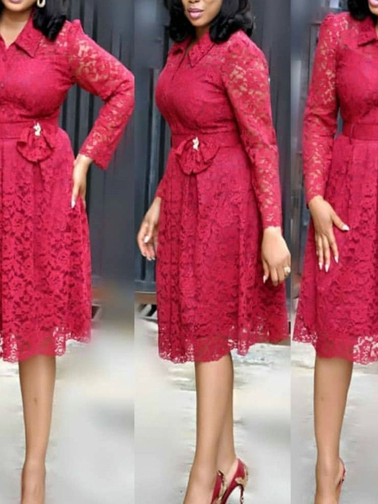 Plus Size Lace Ol Lapel Hollow Bow Mid Waist Klänning