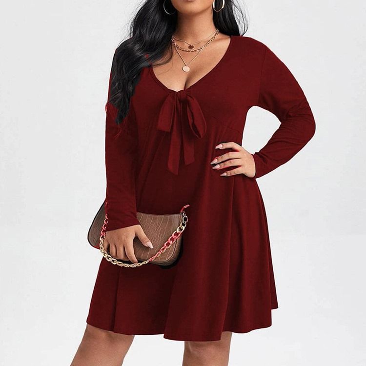 Plus Size Långärmad Bowknot Knälång Pullover Vanlig Casual Klänning