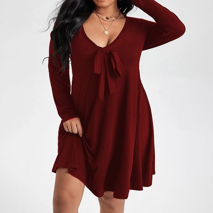 Plus Size Långärmad Bowknot Knälång Pullover Vanlig Casual Klänning