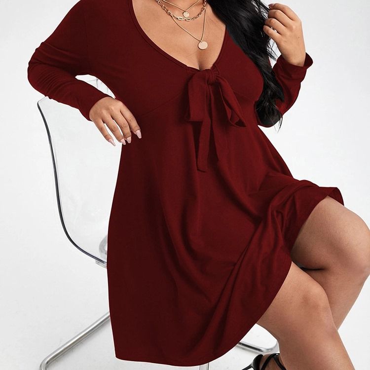 Plus Size Långärmad Bowknot Knälång Pullover Vanlig Casual Klänning