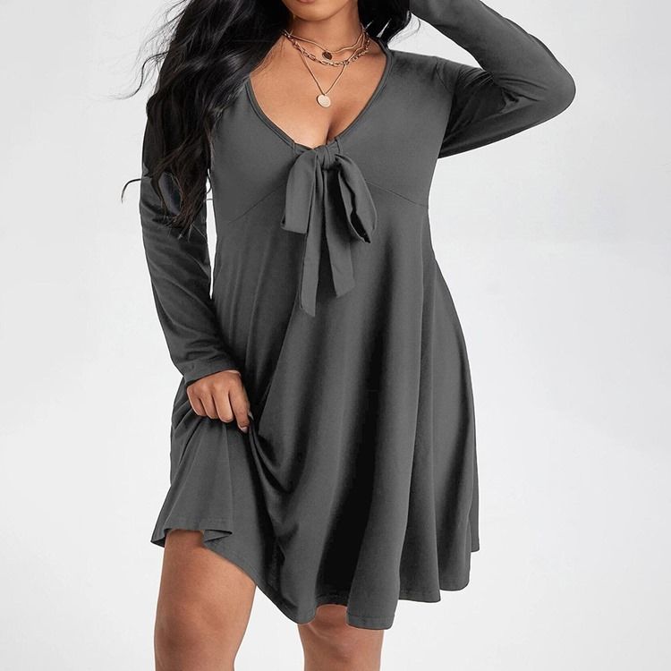 Plus Size Långärmad Bowknot Knälång Pullover Vanlig Casual Klänning