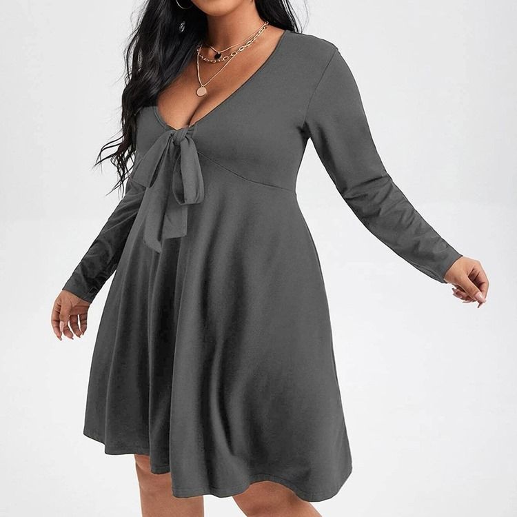 Plus Size Långärmad Bowknot Knälång Pullover Vanlig Casual Klänning