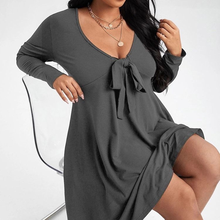 Plus Size Långärmad Bowknot Knälång Pullover Vanlig Casual Klänning