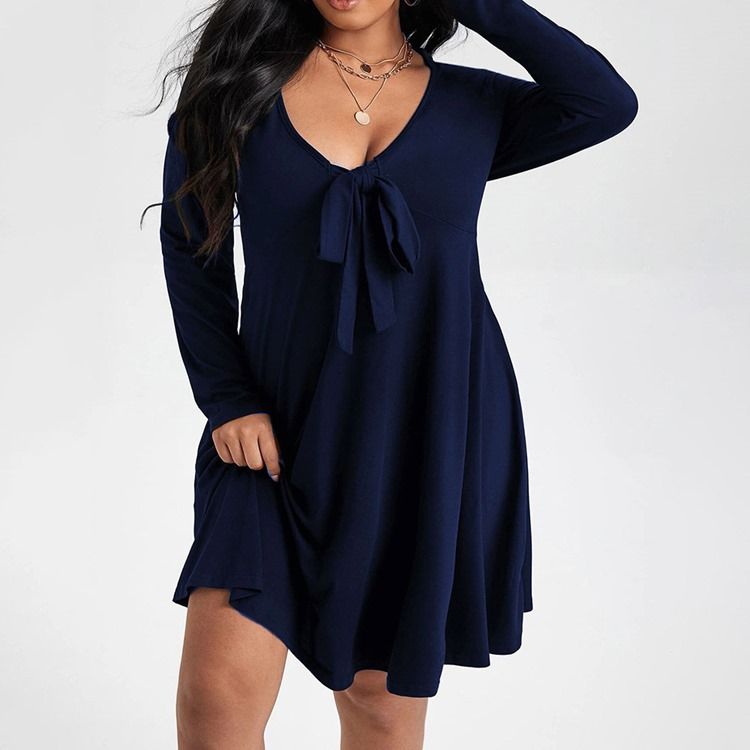 Plus Size Långärmad Bowknot Knälång Pullover Vanlig Casual Klänning