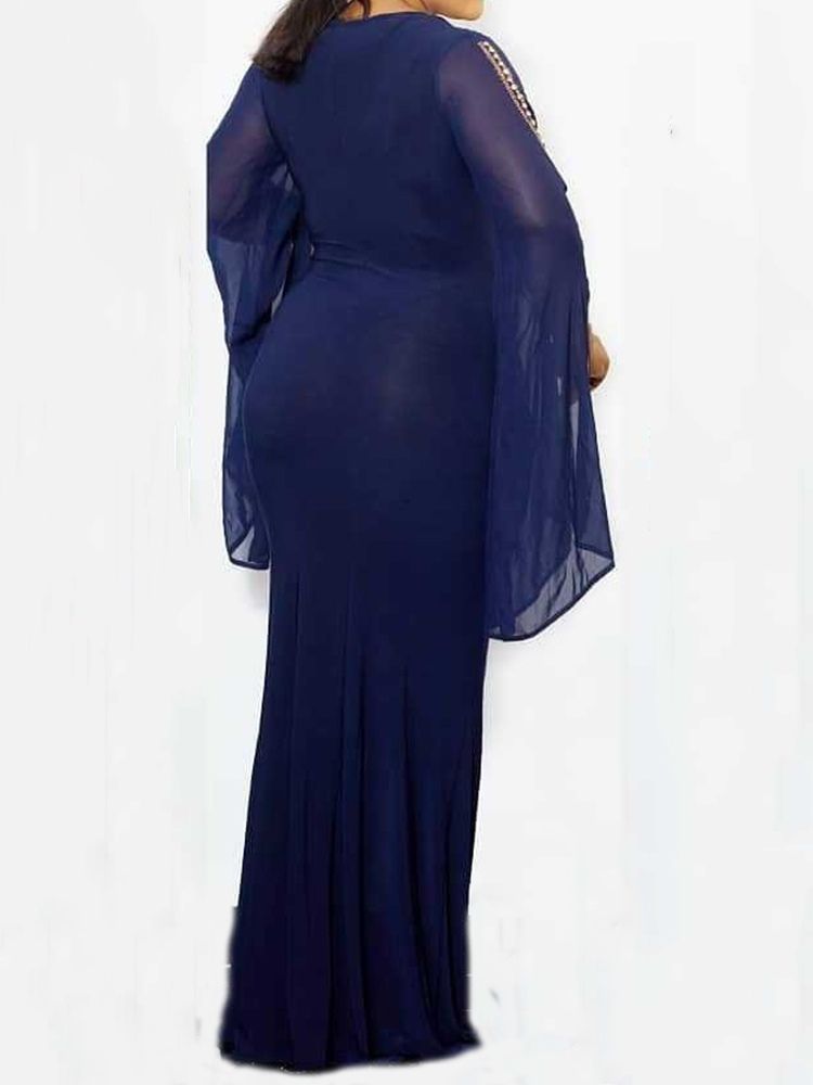 Plus Size Långärmad Golvlång Pärla Elegant Pulloverklänning