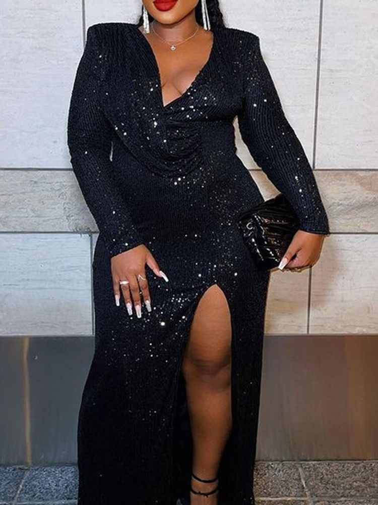 Plus Size Långärmad Golvlång V-Ringad Ladylike Bodycon Klänning
