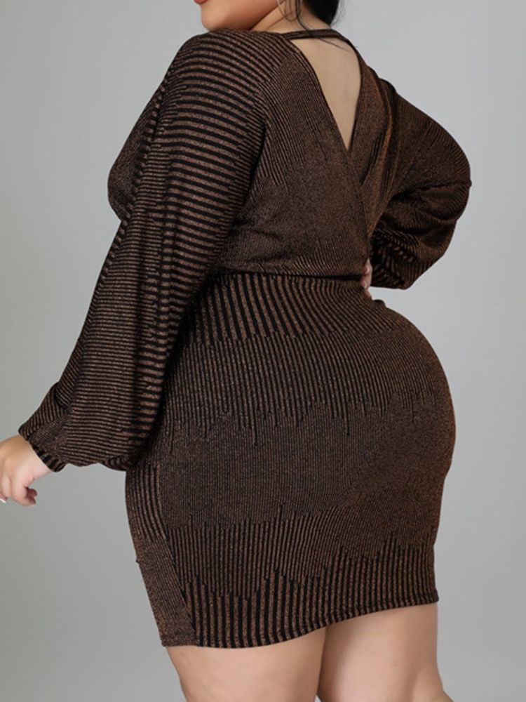 Plus Size Långärmad Ovanför Knä-Snörning Bodycon Modeklänning