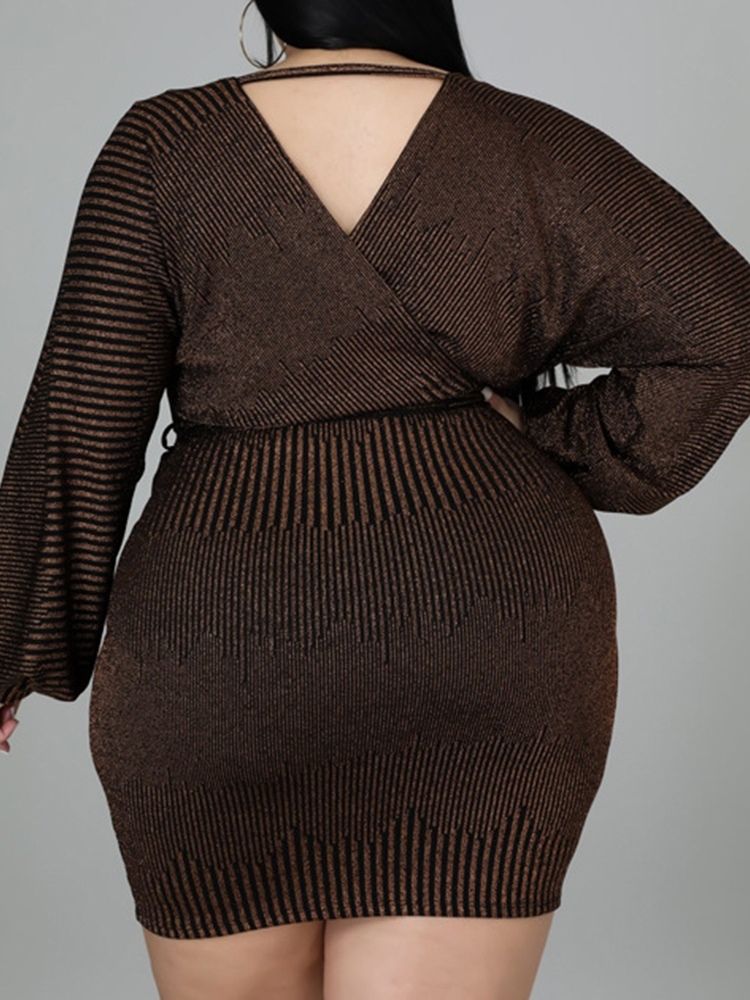 Plus Size Långärmad Ovanför Knä-Snörning Bodycon Modeklänning