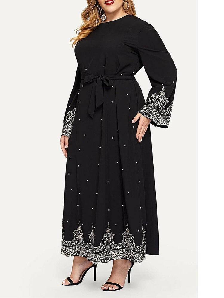 Plus Size Långärmad Rundhalsad Lace-Up Fall Western Klänning