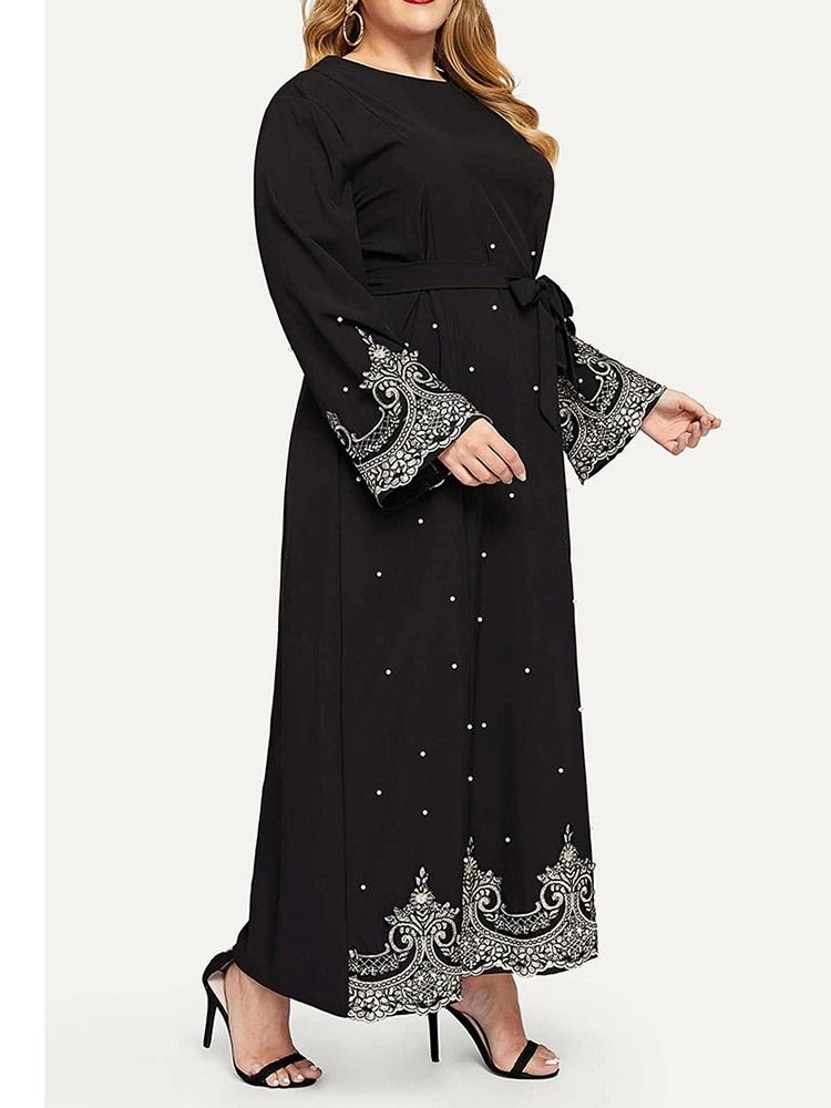 Plus Size Långärmad Rundhalsad Lace-Up Fall Western Klänning