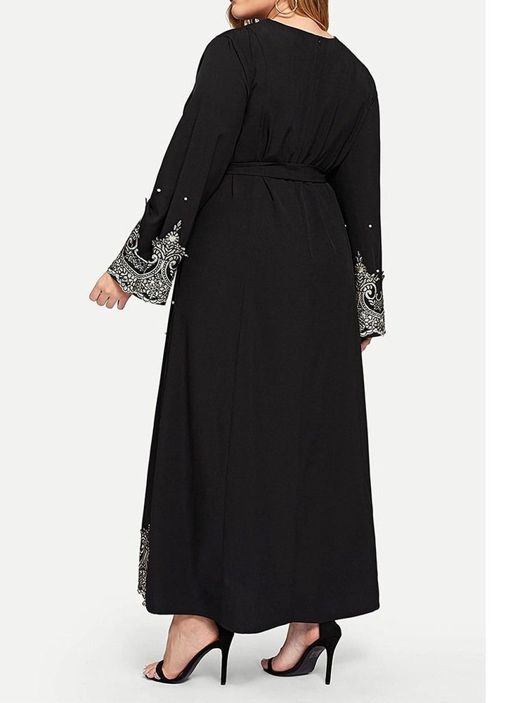 Plus Size Långärmad Rundhalsad Lace-Up Fall Western Klänning