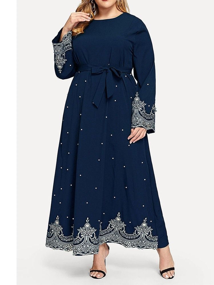 Plus Size Långärmad Rundhalsad Lace-Up Fall Western Klänning