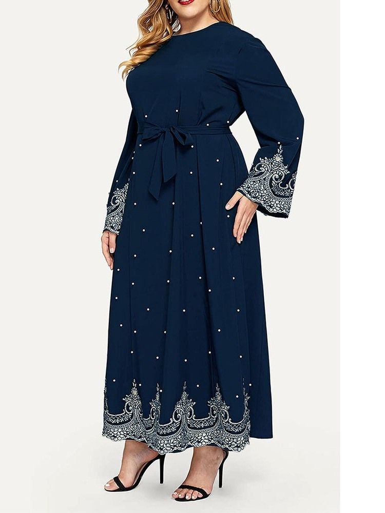 Plus Size Långärmad Rundhalsad Lace-Up Fall Western Klänning