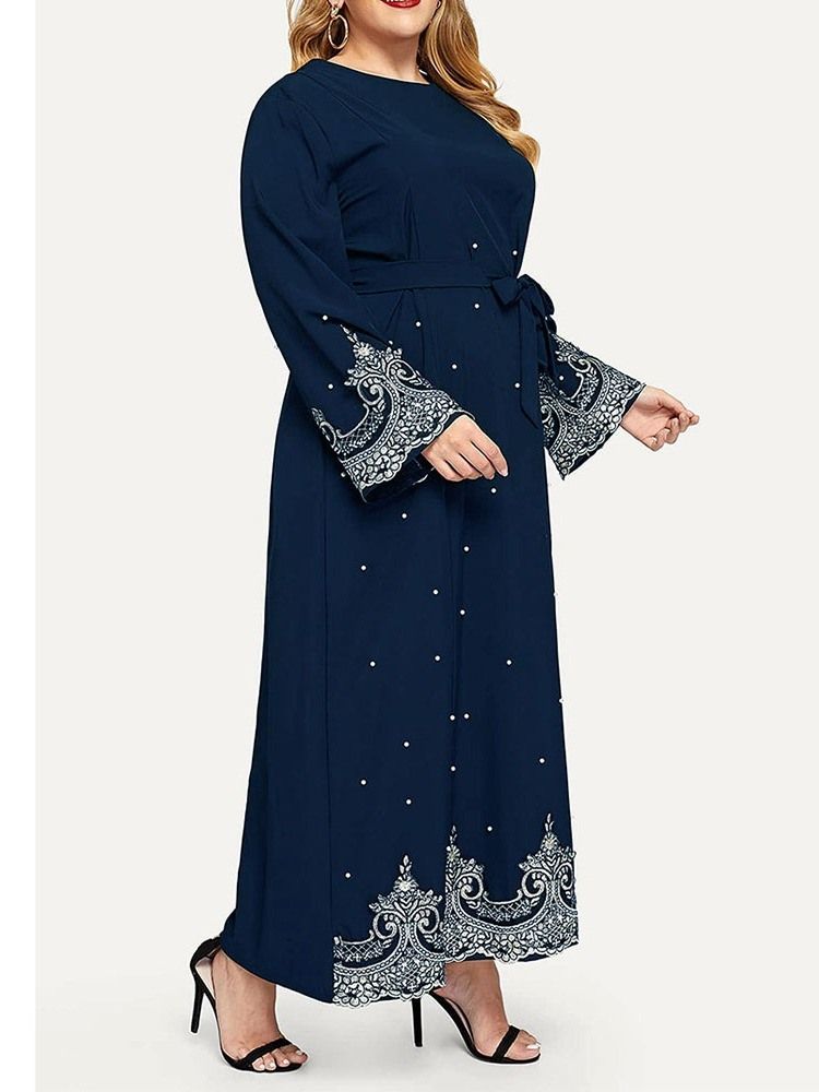 Plus Size Långärmad Rundhalsad Lace-Up Fall Western Klänning