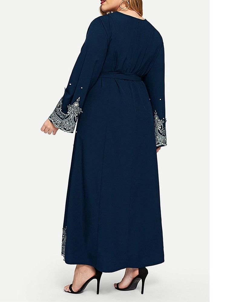 Plus Size Långärmad Rundhalsad Lace-Up Fall Western Klänning