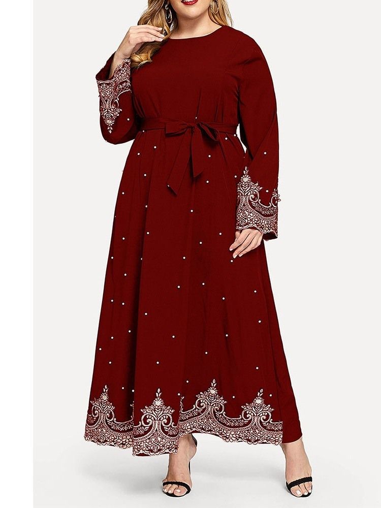 Plus Size Långärmad Rundhalsad Lace-Up Fall Western Klänning