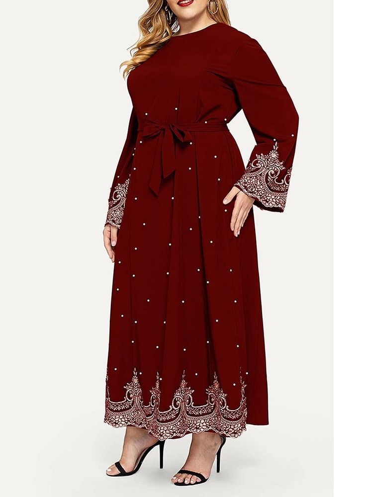 Plus Size Långärmad Rundhalsad Lace-Up Fall Western Klänning