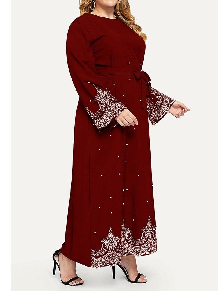 Plus Size Långärmad Rundhalsad Lace-Up Fall Western Klänning
