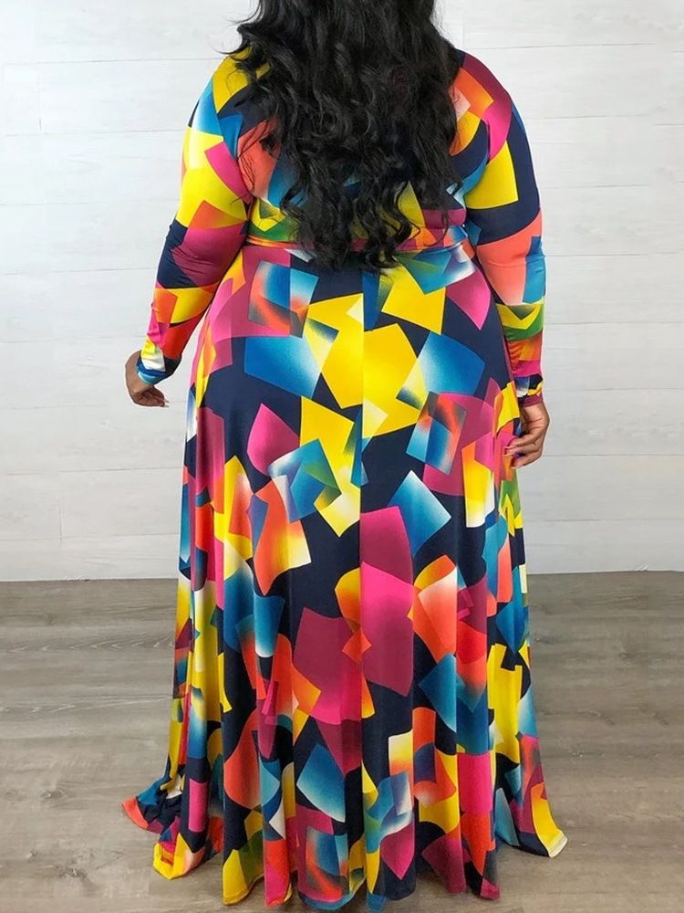 Plus Size Långärmad V-Hals Golvlång Casual Klänning Med Hög Midja