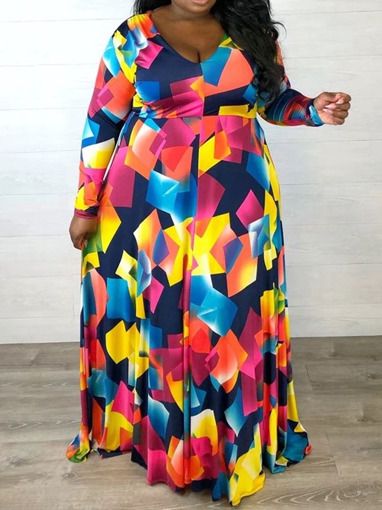Plus Size Långärmad V-Hals Golvlång Casual Klänning Med Hög Midja
