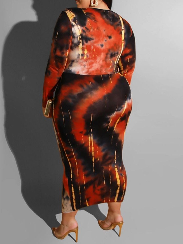 Plus Size Långärmad V-Hals Mid-Calf Mid Waist Spring Klänning