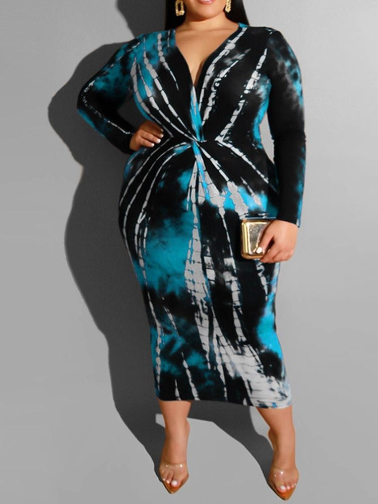 Plus Size Långärmad V-Hals Mid-Calf Mid Waist Spring Klänning