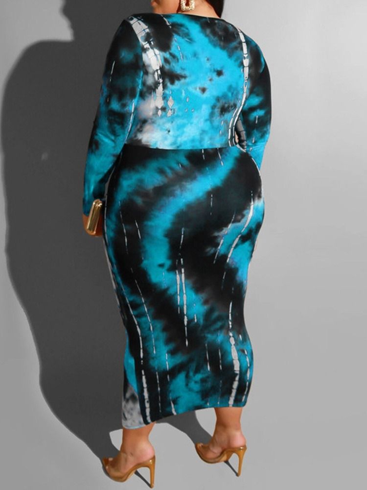 Plus Size Långärmad V-Hals Mid-Calf Mid Waist Spring Klänning