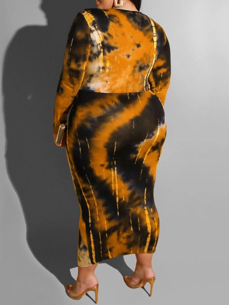 Plus Size Långärmad V-Hals Mid-Calf Mid Waist Spring Klänning