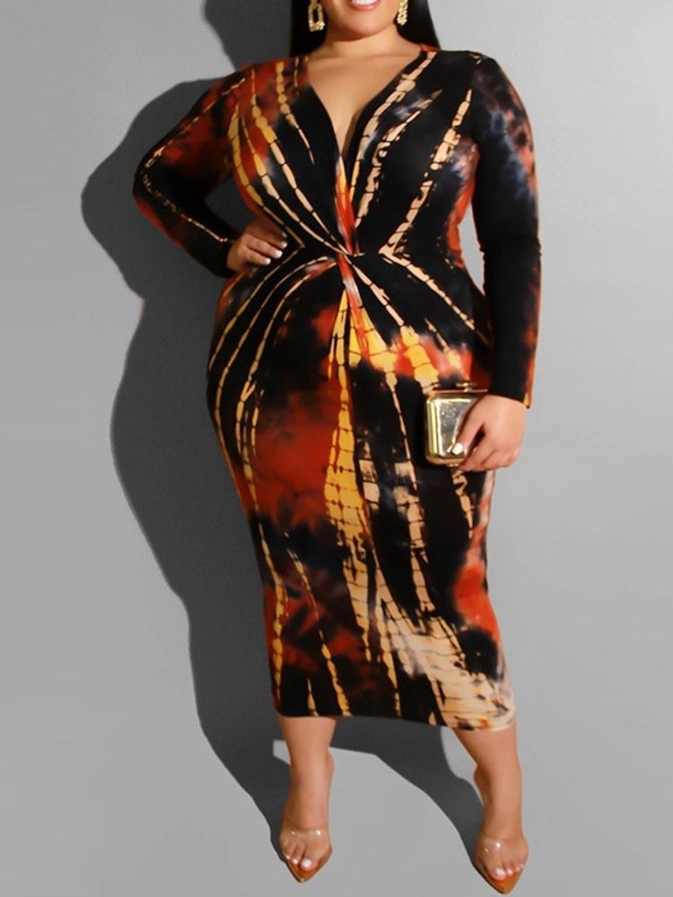 Plus Size Långärmad V-Hals Mid-Calf Mid Waist Spring Klänning