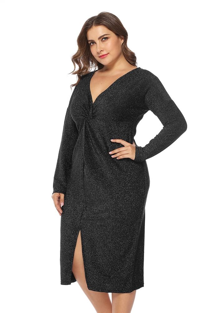 Plus Size Långärmad V-Neck Split Pullover Fall Klänning