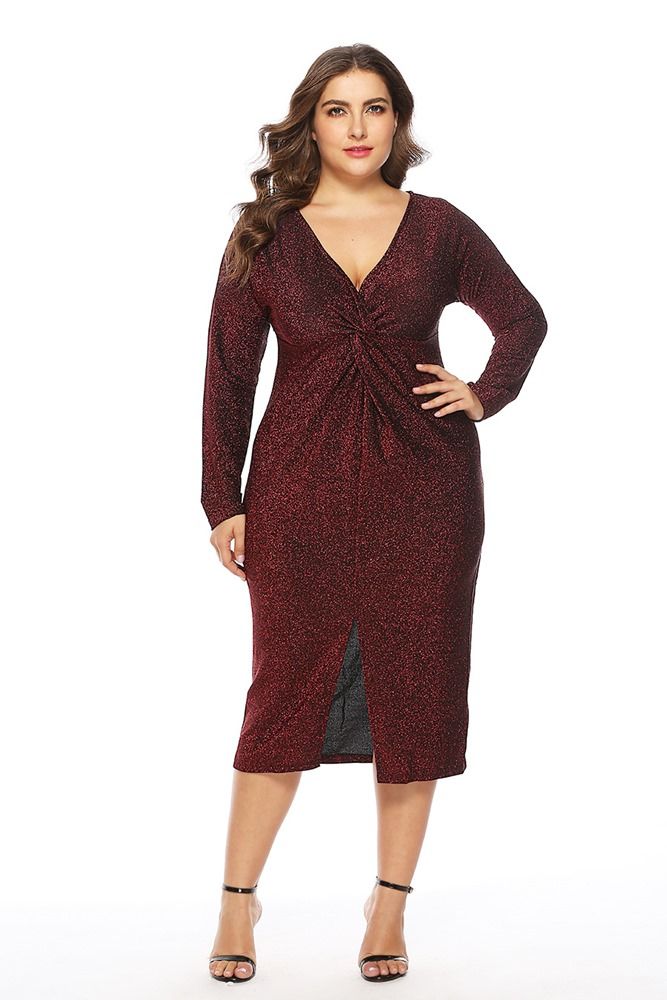 Plus Size Långärmad V-Neck Split Pullover Fall Klänning