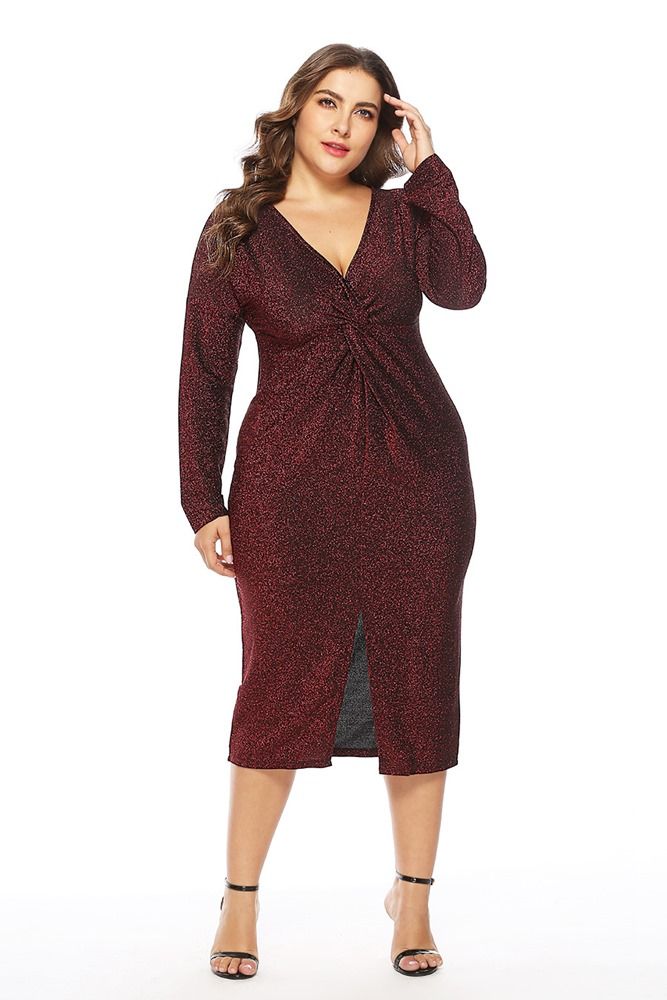 Plus Size Långärmad V-Neck Split Pullover Fall Klänning