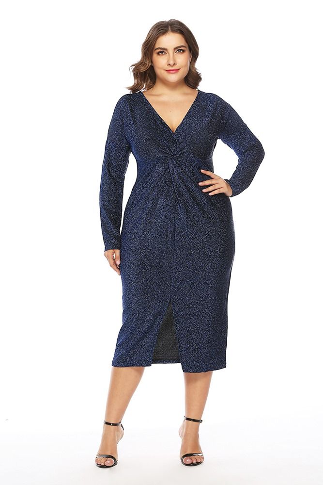 Plus Size Långärmad V-Neck Split Pullover Fall Klänning