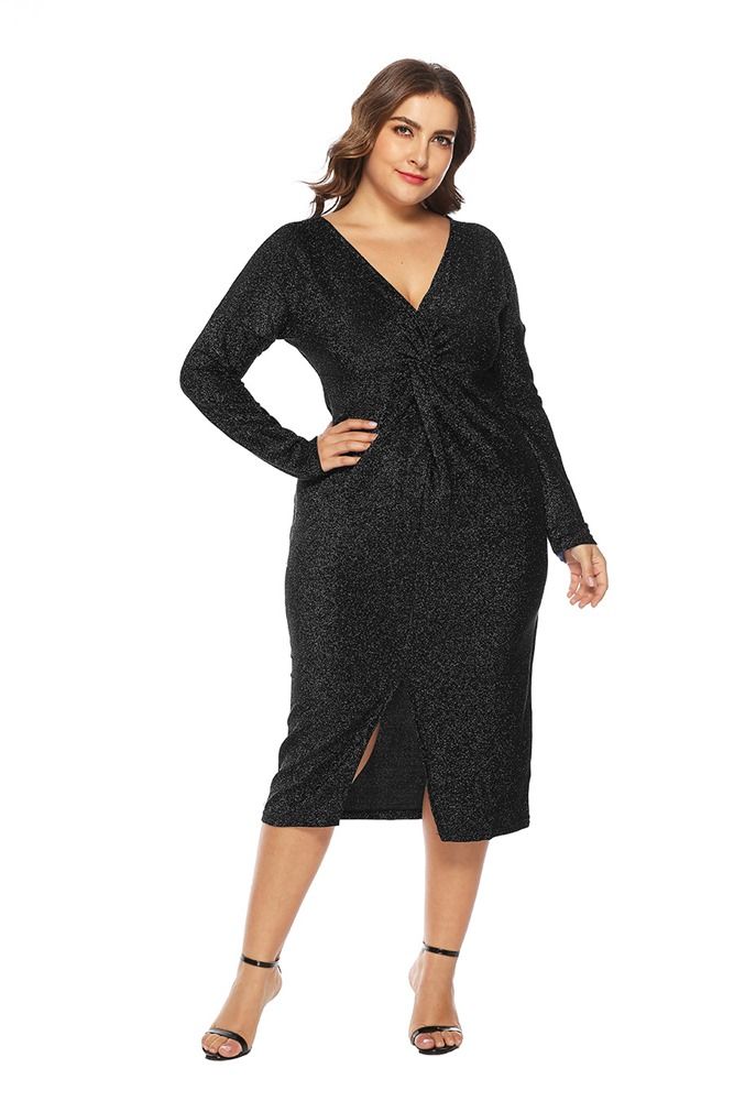 Plus Size Långärmad V-Neck Split Pullover Fall Klänning