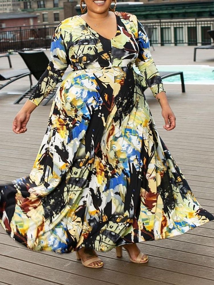 Plus Size Långärmad V-Ringad Vanlig Höstklänning