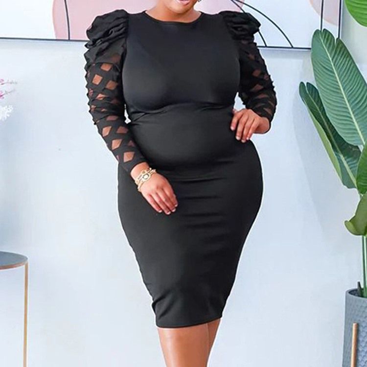 Plus Size Mid-Calf Patchwork Rundhalsad Western Plain Bodycon Klänning