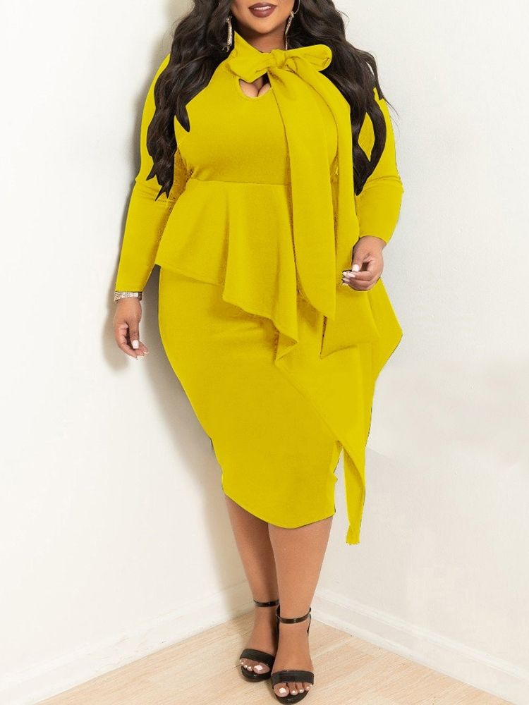 Plus Size Mid-Calf Rosett Krage Nio Poäng Ärm Penna Höst Klänning