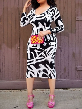 Plus Size Mid-Calf V-Hals Color Block Standard-Midja Bodycon Klänning