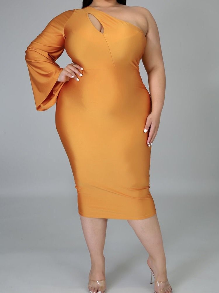 Plus Size Mid-Kalv Långärmad Ihålig Sexig Klänning Med Hög Midja