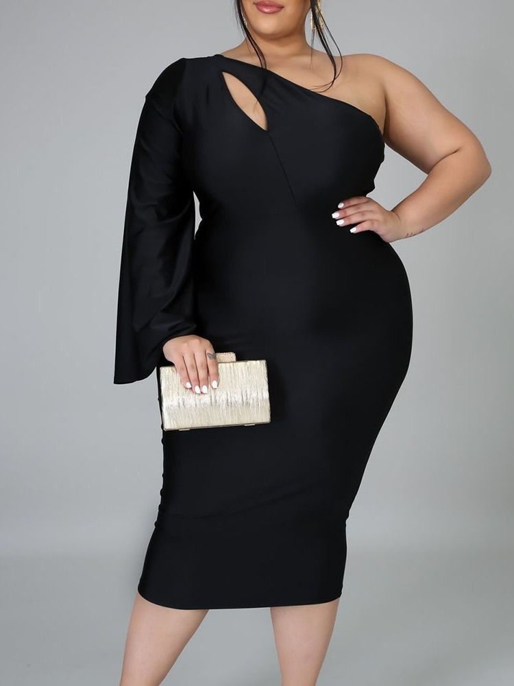Plus Size Mid-Kalv Långärmad Ihålig Sexig Klänning Med Hög Midja