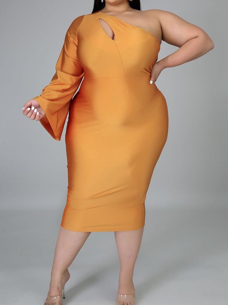 Plus Size Mid-Kalv Långärmad Ihålig Sexig Klänning Med Hög Midja