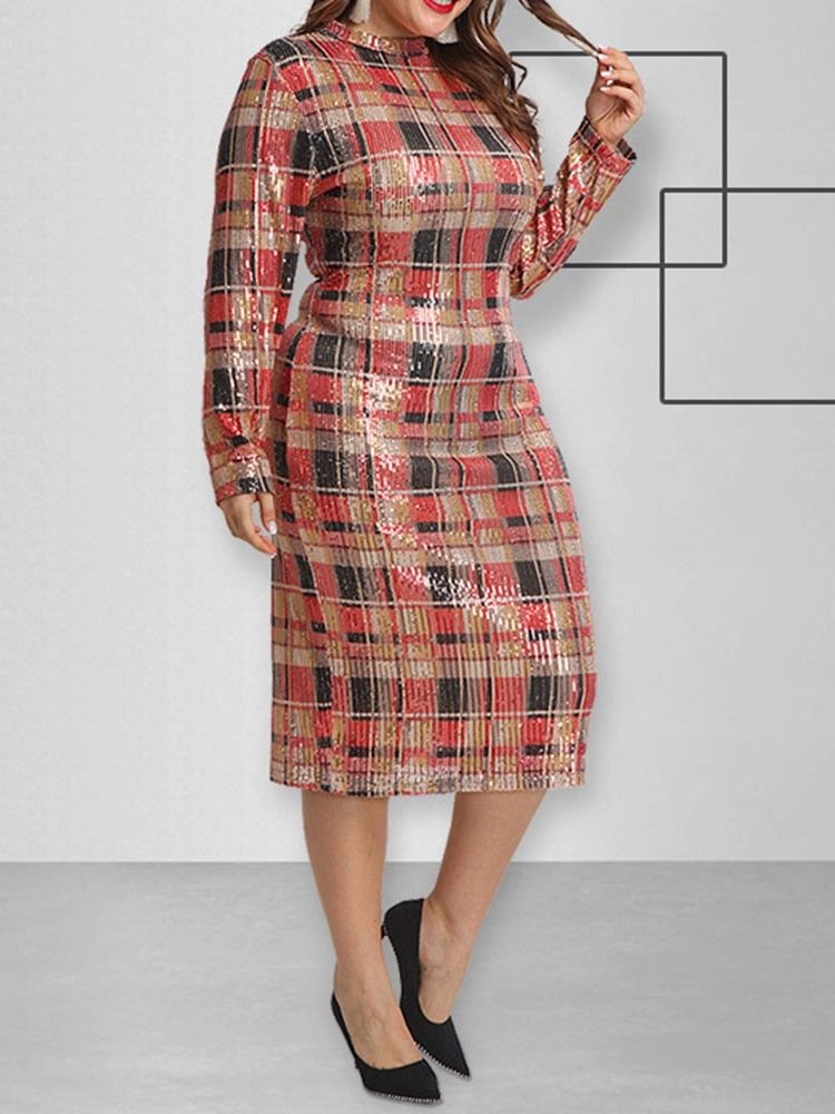 Plus Size Mid-Kalv Långärmad Paljetter Bodycon Pullover Damklänning
