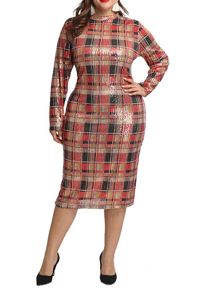 Plus Size Mid-Kalv Långärmad Paljetter Bodycon Pullover Damklänning