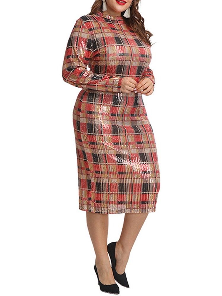 Plus Size Mid-Kalv Långärmad Paljetter Bodycon Pullover Damklänning