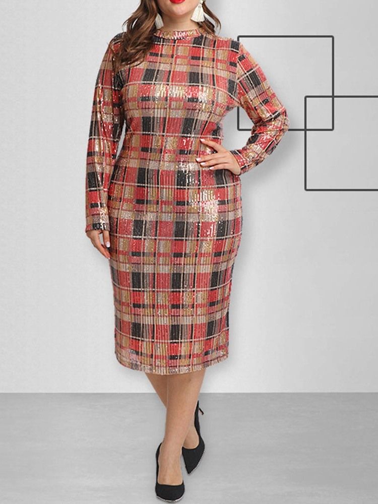 Plus Size Mid-Kalv Långärmad Paljetter Bodycon Pullover Damklänning