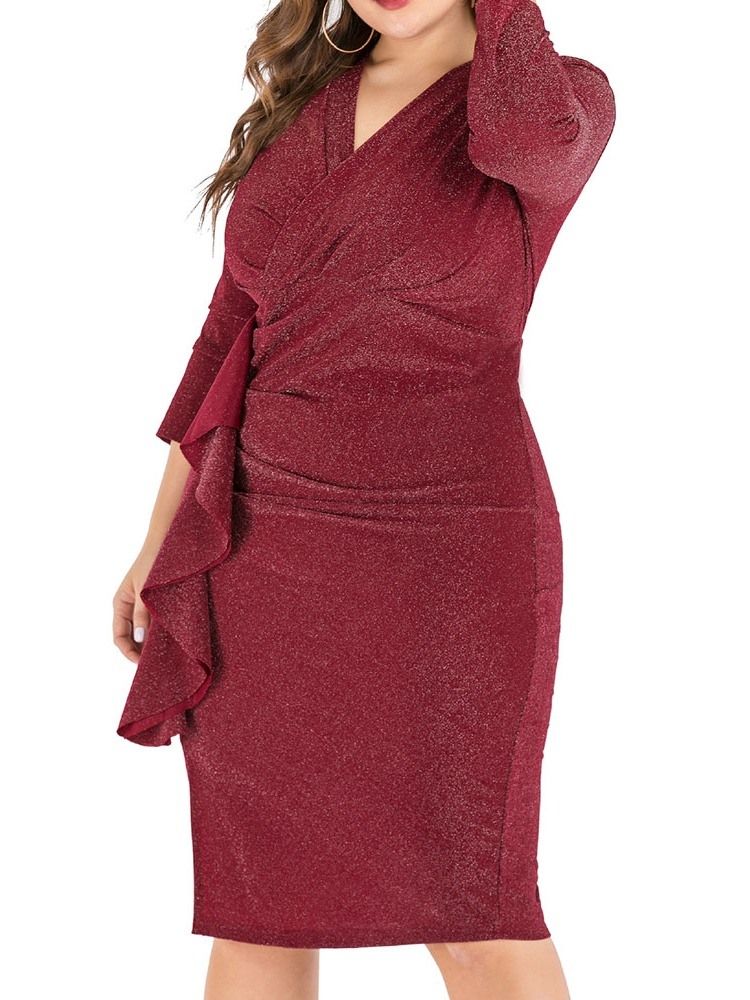 Plus Size Nine Points Ärm Plisserad Knälång Bodycon Vanlig Klänning