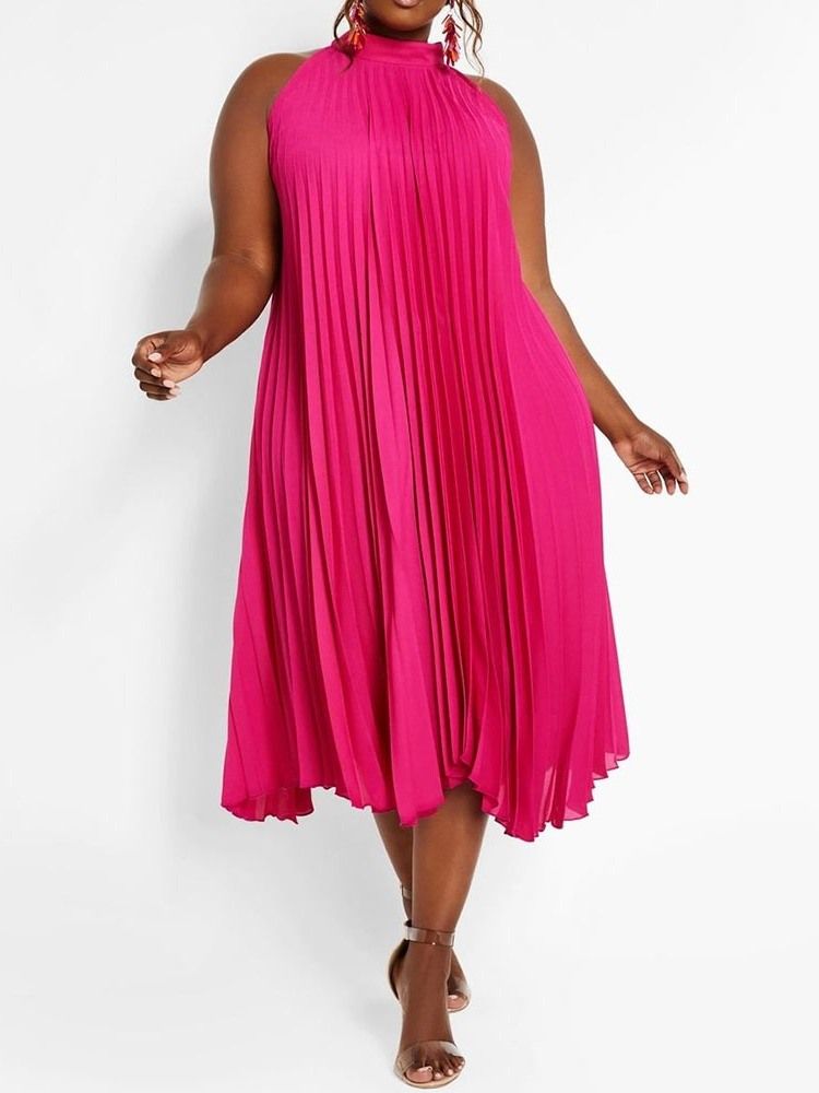 Plus Size Plisserad Stativkrage Vanlig Fritidsklänning