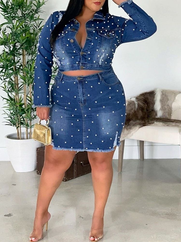 Plus Size Pocket Mandarin Krage Enkelknäppt Tvådelad Set